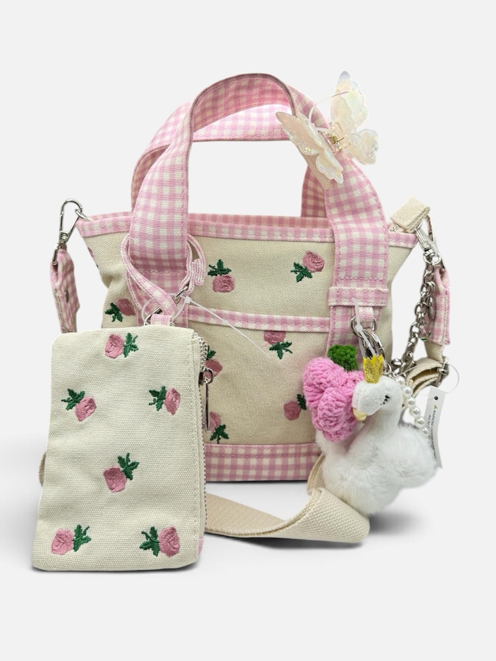 Madden Girl Floral Gingham Mini Tote Crossbody Swan Charm Set NWT